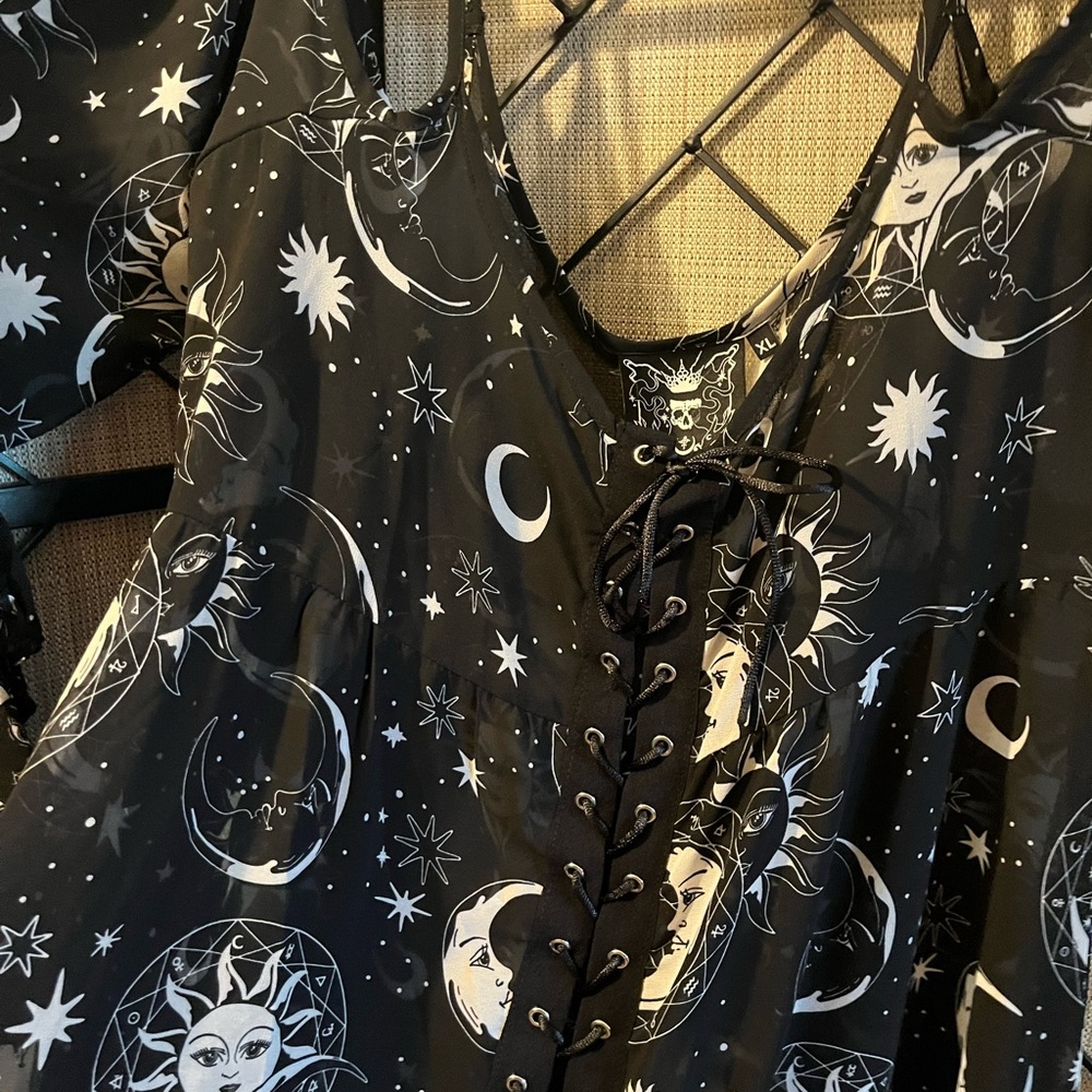 Killstar Moon & Stars Celestial Print Cold-Shoulder Sheer Asymmetrical Dress XL - Picture 3 of 16